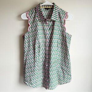 Talbots Pink Pineapple Scalloped Collar Button Front Tank Top